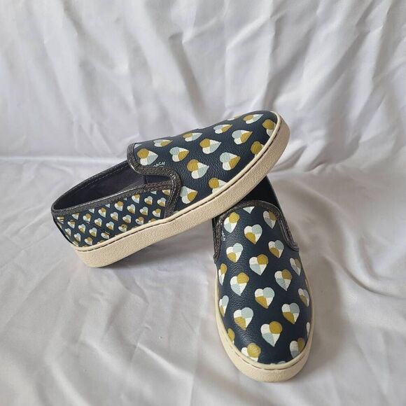 COACH womens Sz 5B midnight navy slip on hearts sneakers - Picture 1 of 7
